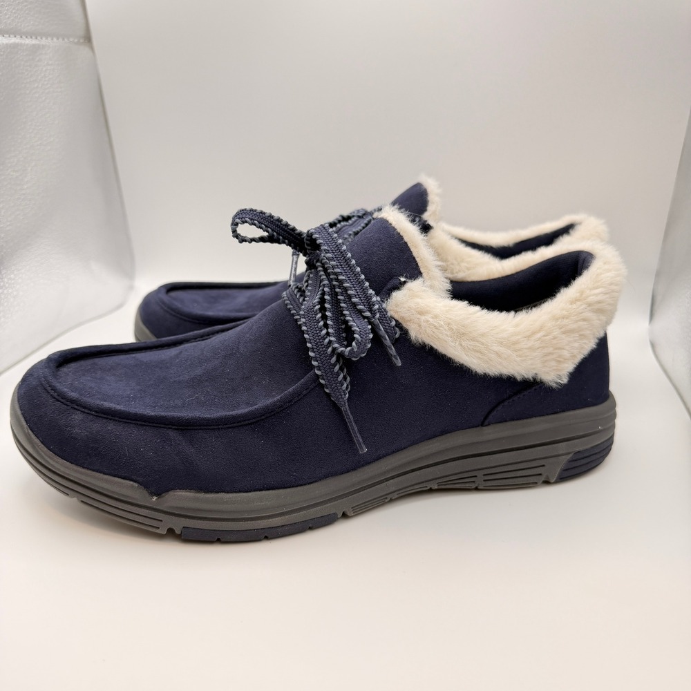 Ryka Womens Avid Moccasin Loafers 9W Navy Blue Faux Fur Trim Cozy Walking Shoes